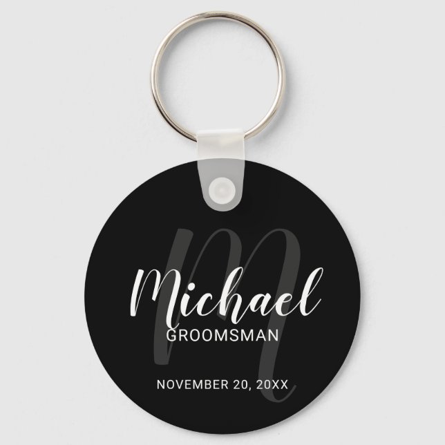 Black Modern Script Personalised Groomsmen Key Ring (Front)