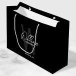 Black Modern Script Personalised Groomsmen Large Gift Bag<br><div class="desc">Modern Minimalist Personalised Monogram and Name Gifts This design features personalised name in white modern handwriting script font style and monogram in grey modern sans serif font style as background, with wedding details in white modern sans serif font style, on black background. Also perfect for best man, maid of honour,...</div>