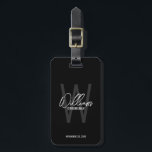 Black Modern Script Personalised Groomsmen Luggage Tag<br><div class="desc">Modern Minimalist Personalised Monogram and Name Gifts This design features personalised name in white modern handwriting script font style and monogram in grey modern sans serif font style as background, with wedding details in white modern sans serif font style, on black background. Also perfect for best man, maid of honour,...</div>