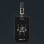 Black Modern Script Personalised Groomsmen Luggage Tag<br><div class="desc">Modern Minimalist Personalised Monogram and Name Gifts This design features personalised name in white modern handwriting script font style and monogram in grey modern sans serif font style as background, with wedding details in white modern sans serif font style, on black background. Also perfect for best man, maid of honour,...</div>