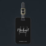 Black Modern Script Personalised Groomsmen Luggage Tag<br><div class="desc">Add a personal touch to your wedding with personalised groomsmen luggage tag. This luggage tag features personalised groomsmen's name in white modern script font style and monogram in grey modern script font style as background with title and wedding date in white modern sans serif font style on black background. Also...</div>