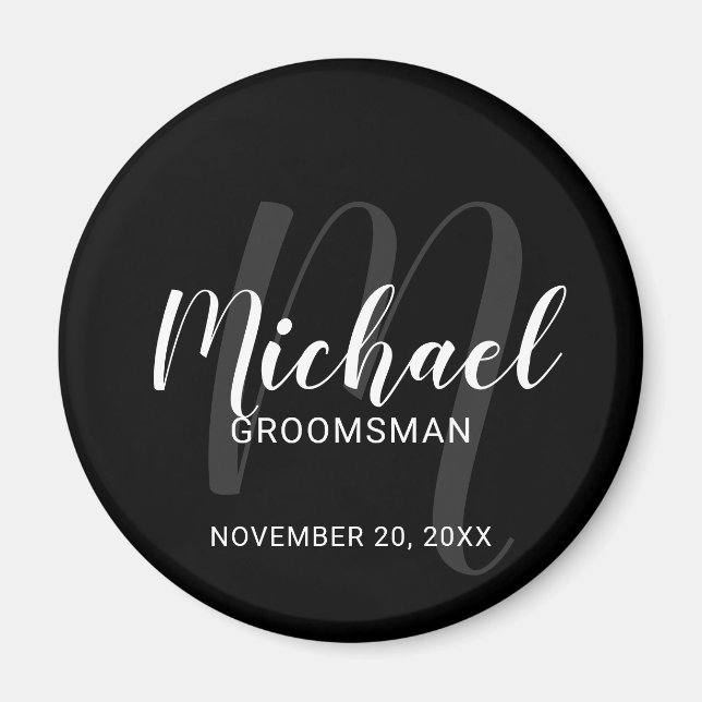Black Modern Script Personalised Groomsmen Magnet (Front)