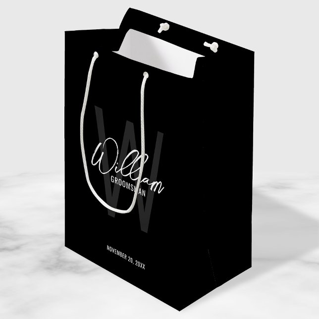 Black Modern Script Personalised Groomsmen Medium Gift Bag (Creator Uploaded)