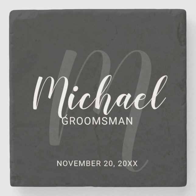 Black Modern Script Personalised Groomsmen Stone Coaster (Front)