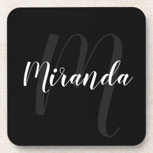 Black Modern Script Personalised Monogram and Name Coaster
