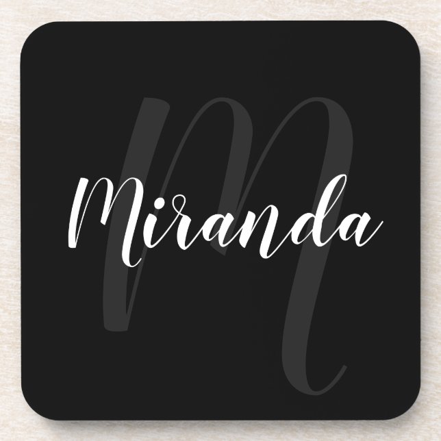 Black Modern Script Personalised Monogram and Name Coaster (Front)