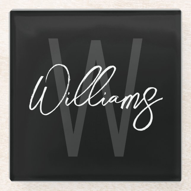 Black Modern Script Personalised Monogram and Name Glass Coaster (Front)