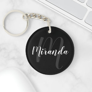 Black Modern Script Personalised Monogram and Name Key Ring
