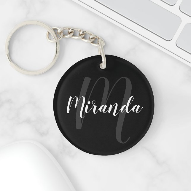 Black Modern Script Personalised Monogram and Name Key Ring (Creator Uploaded)