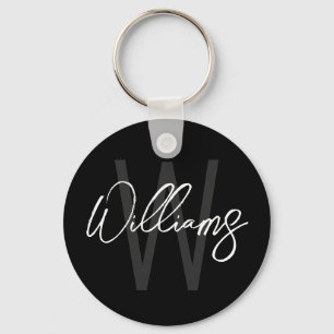 Black Modern Script Personalised Monogram and Name Key Ring