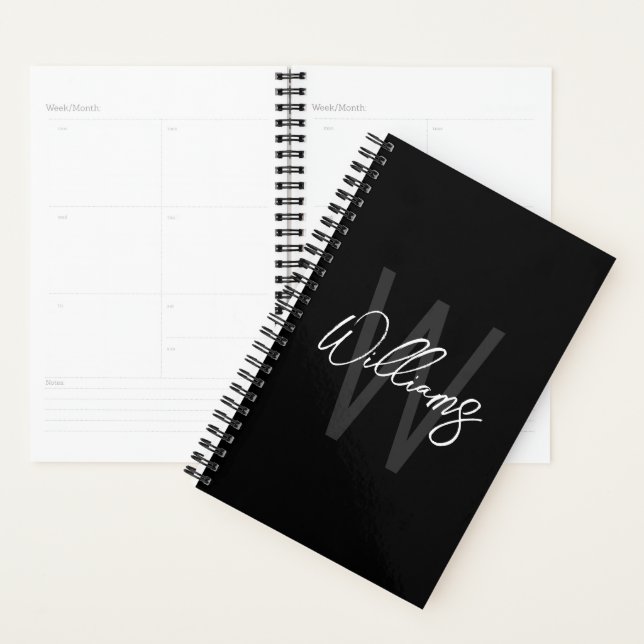 Black Modern Script Personalised Monogram and Name Planner (Display)