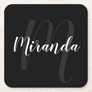 Black Modern Script Personalised Monogram and Name Square Paper Coaster