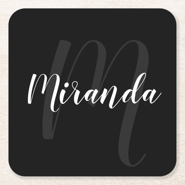Black Modern Script Personalised Monogram and Name Square Paper Coaster (Front)