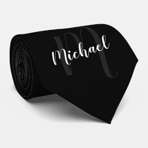 Black Modern Script Personalised Monogram and Name Tie