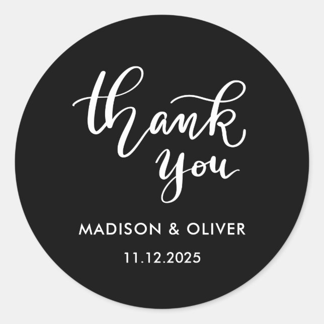 Black Modern Script Thank You Wedding Classic Round Sticker (Front)