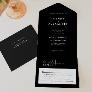 Black Modern Script Wedding All In One Invitation