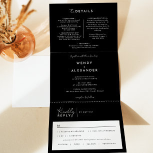 Black Modern Script Wedding All in One Tri-Fold Invitation