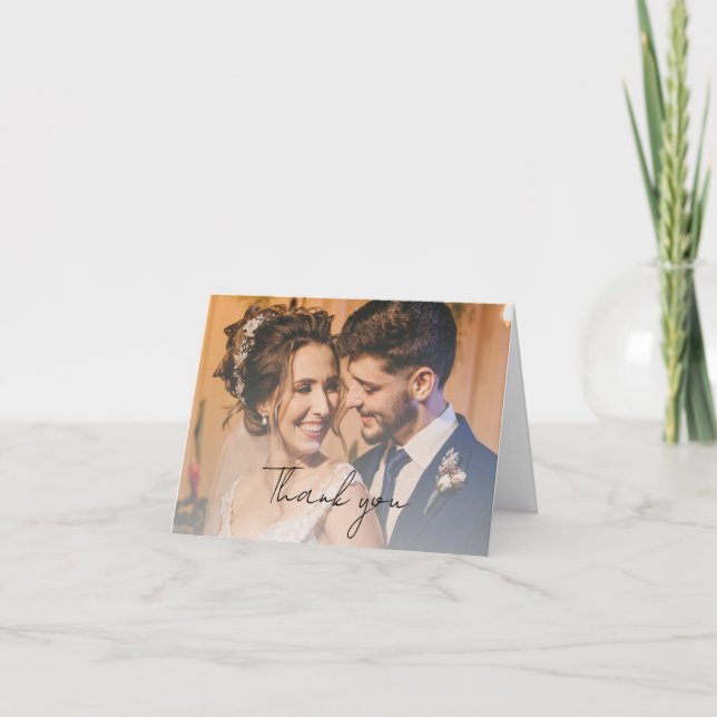 Black Modern Script Wedding Photo Folded Thank You Card (Front)
