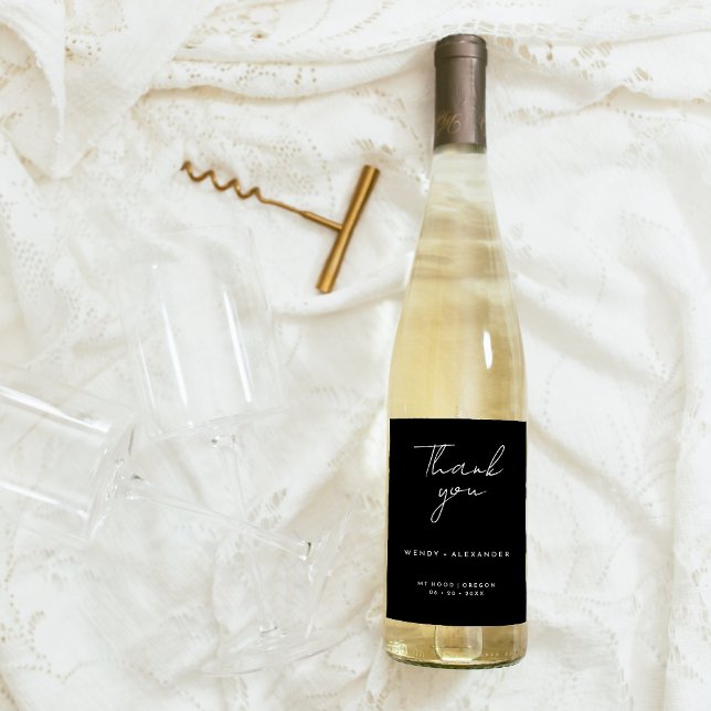 Black Modern Script Wedding Thank You Wine Label (Creator Uploaded)