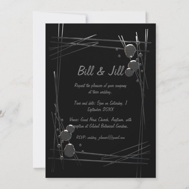Black Modern Silver Abstract + Bubble Art Wedding Invitation (Front)