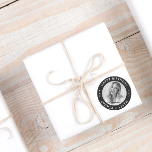 Black Modern Simple Classic Happy Birthday Photo Round Sticker