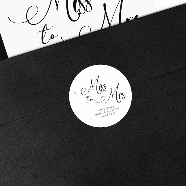 Black Modern Simple Miss to Mrs Bridal Shower Classic Round Sticker (Creator Uploaded)
