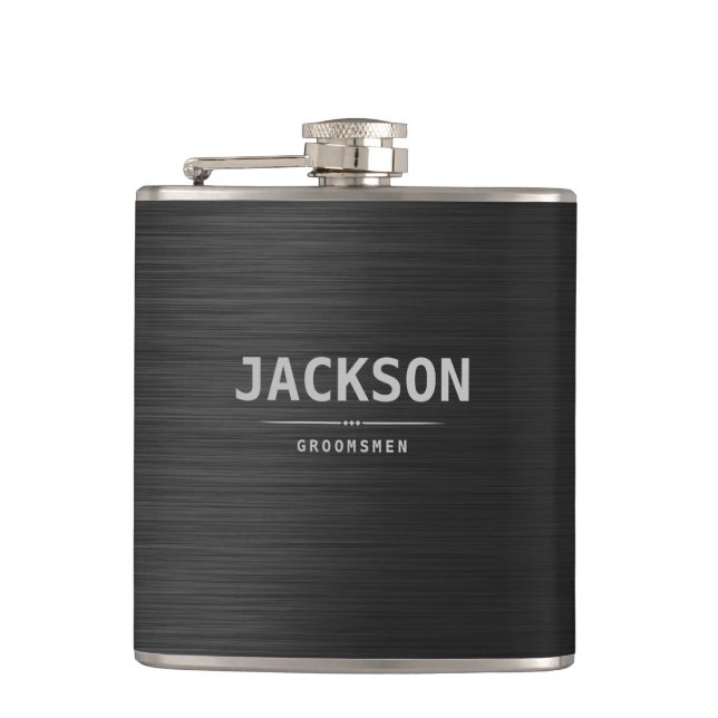 Black Modern Simple Name Personalised Groomsmen Hip Flask (Front)