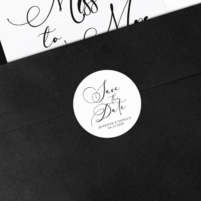 Black Modern Simple Save The Date Classic Round Sticker (Creator Uploaded)