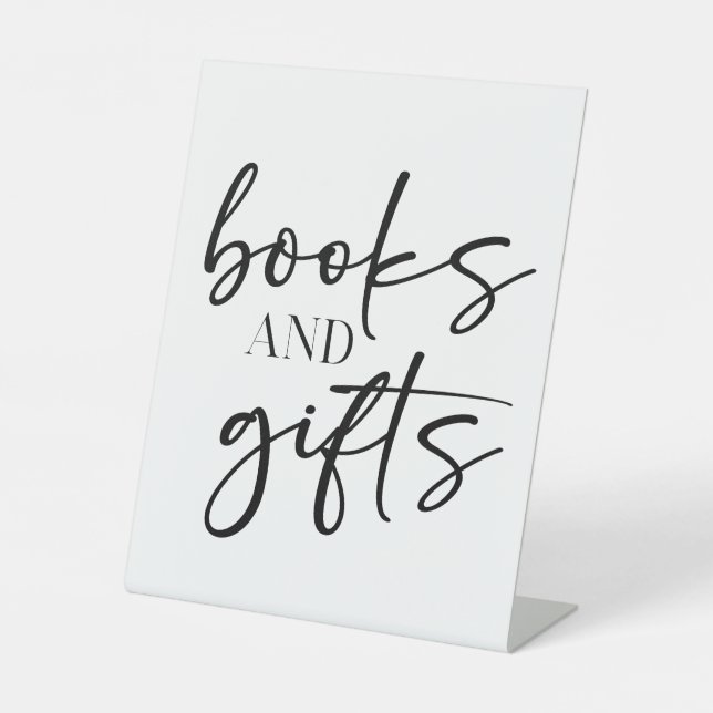 Black Modern Simple Script Baby Shower Books Gifts Pedestal Sign (Front)