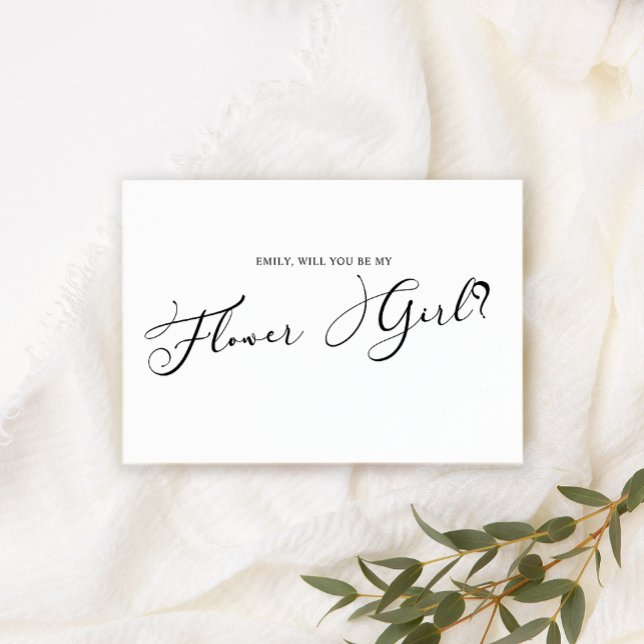 Black Modern Simple Script Be My Flower Girl White Invitation (Creator Uploaded)