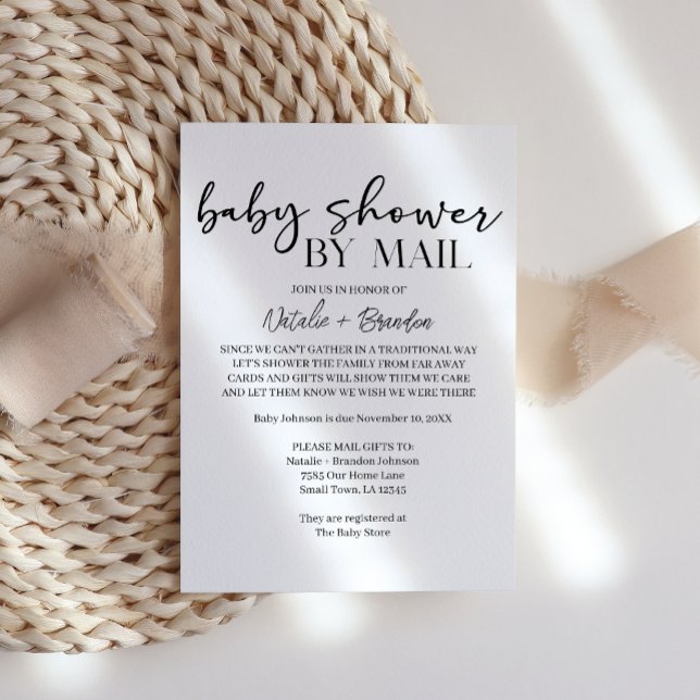Black Modern Simple Script By Mail Baby Shower Invitation (Creator Uploaded)