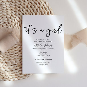 Black Modern Simple Script Girl Baby Invitation