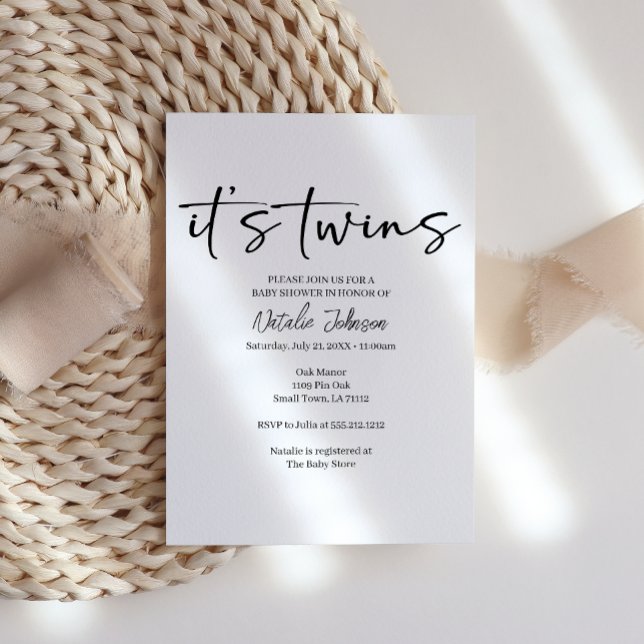 Black Modern Simple Script Twins Baby Shower Invitation (Creator Uploaded)
