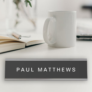 Black Modern Sleek Custom Add Your Name Desk Name Plate