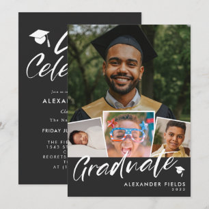 Black Modern Snapshot Collage Graduation Invitation