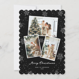 Black Modern Snowflake Photo Merry Christmas Card