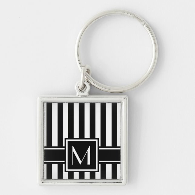 Black Modern Stripe with Monogram Key Ring (Front)