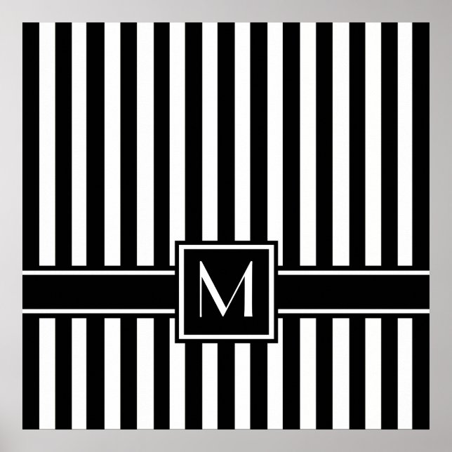 Black Modern Stripe with Monogram Poster (Front)