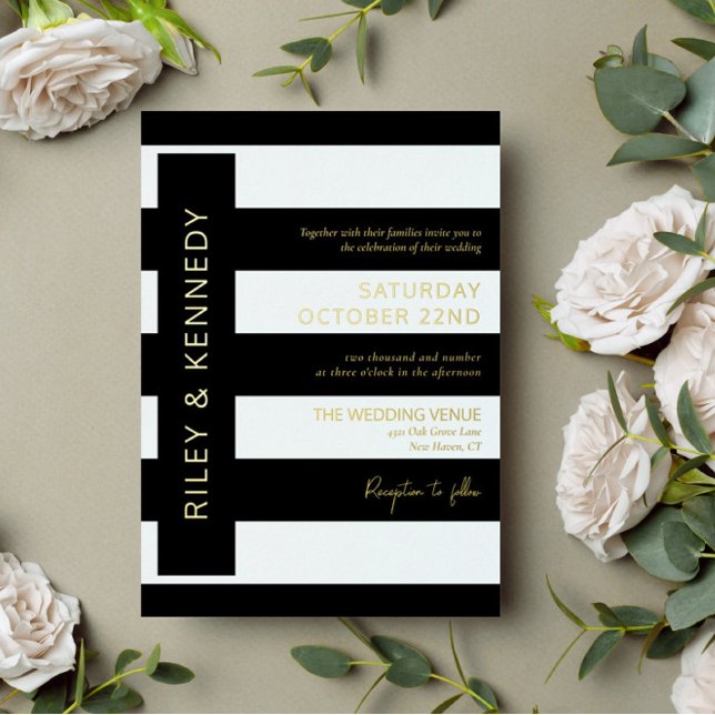 Black Modern Stripes Gold Foil Typography Wedding (Creator Uploaded)