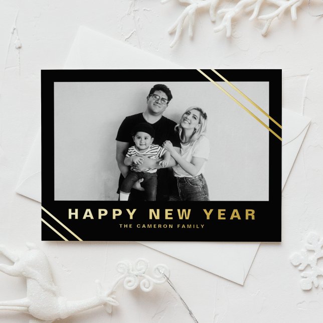 Black Modern Stripes Photo Happy New Year Foil Holiday Card (Creator Uploaded)