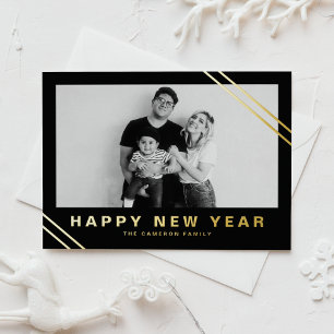 Black Modern Stripes Photo Happy New Year Foil Holiday Postcard