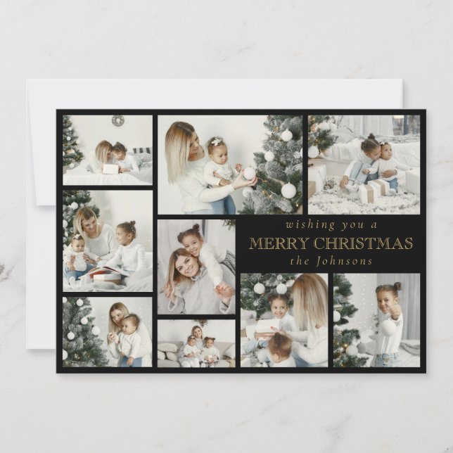 Black Modern Stylish Multi Photo Grid Holiday Card (Front)
