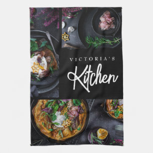 Black Modern Stylish Typography Custom Photo  Tea Towel