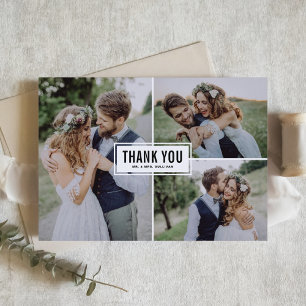 Black Modern Three Photo Collage Wedding Thank You Card