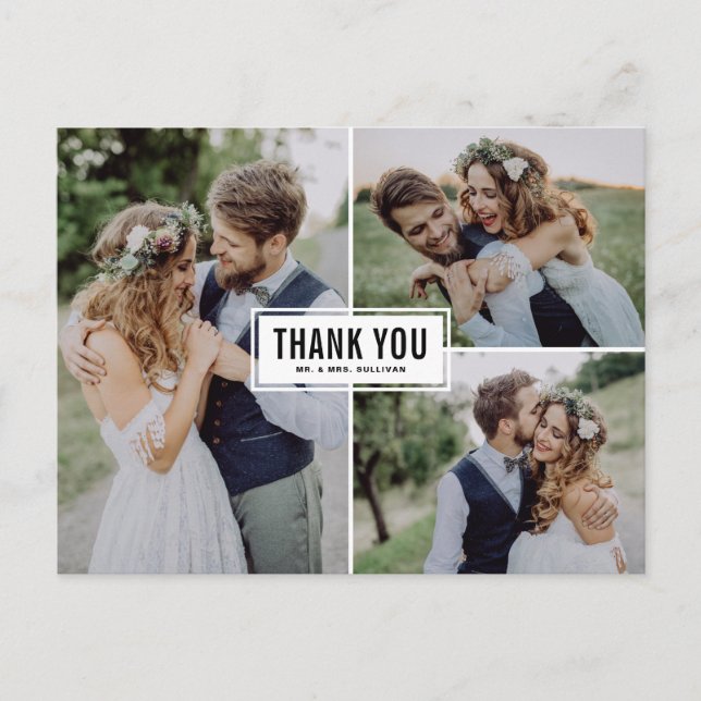 Black Modern Three Photo Collage Wedding Thank You Postcard (Front)