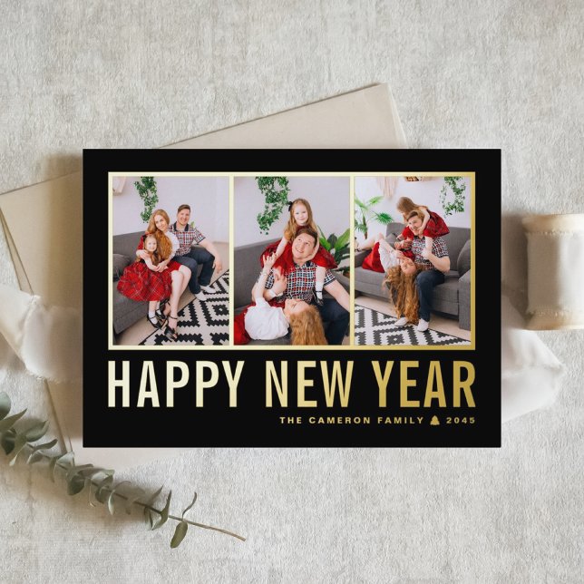 Black Modern Typography Photo Collage New Year Foil Holiday Card (Send new year cheer with this customizable gold foil three-photo-collage Happy New Year Card. )