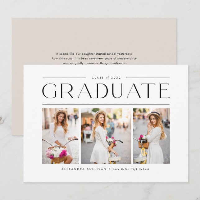 Black Modern Typography Three Photo Graduation Announcement (Front/Back)