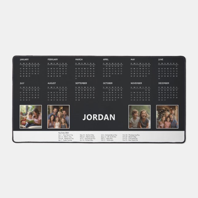Black Modern Unique Photo Collage 2024 Calendar Desk Mat (Front)