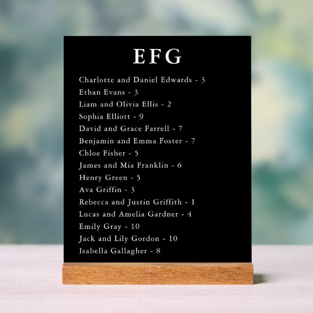 Black Modern Wedding Guest Names Seating Chart (Neutral)
