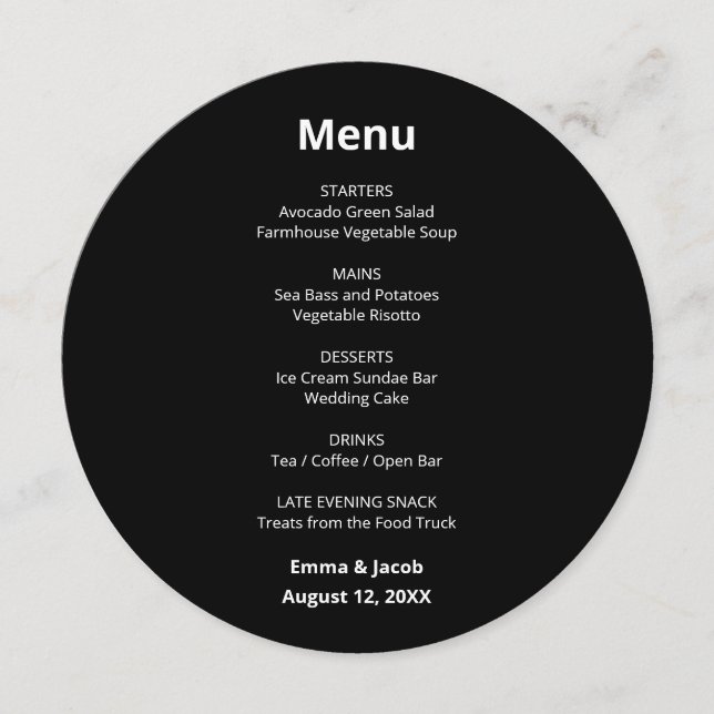 Black Modern Wedding Round Menu (Front)